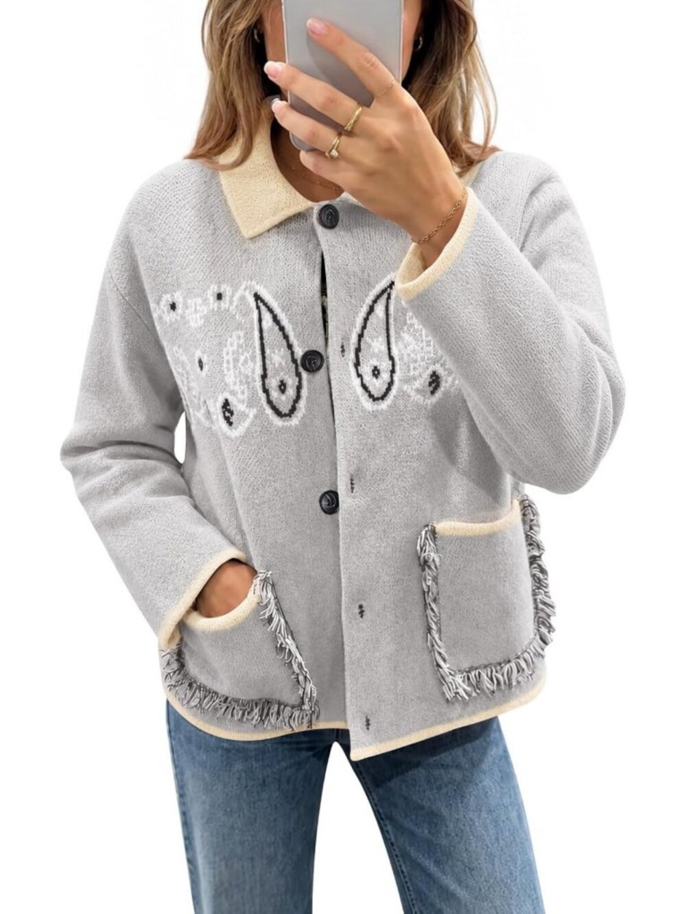 Boho Fringe Cardigan with Pockets | Paisley Fall Sweater for Women